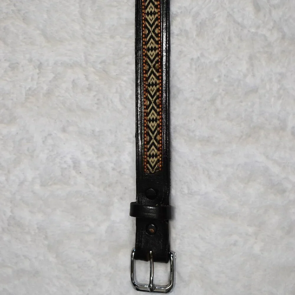 Western Black Leather Belt Sz 28 / 34 Aztec Rodeo Boho Cowboy Artisan